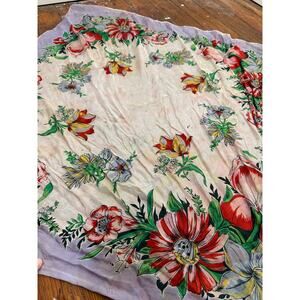 Vintage FLORAL White Red Silky Scarf Small Tablecloth Roses Headwrap Scarf